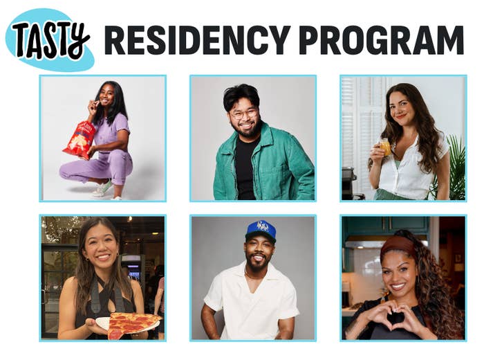 Tasty Residency Program announcement featuring six individuals: a woman in a jumpsuit with chips, a man in a jacket, a woman with a drink, a woman holding pizza, a man in a white shirt and blue cap, and a woman making a heart with her hands